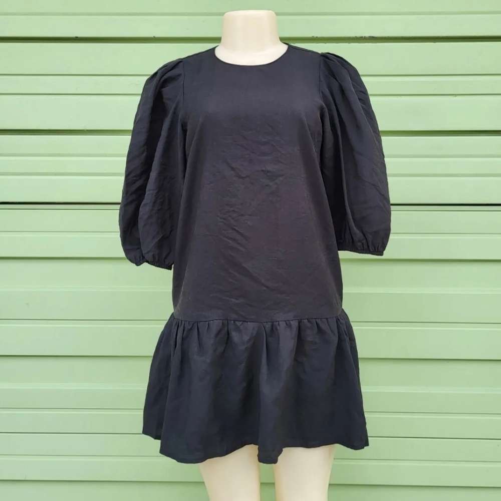 Zara Poplin Black Tiered Puff Sleeve Dress